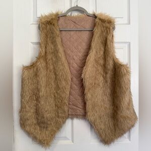 Faux Fur Tan Vest XL Quilted Lining Boho Y2K Layer Hi - Low Vest Open Front